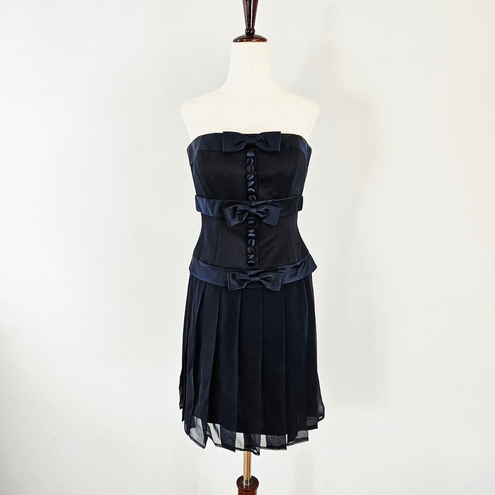 Y2k Silk Drop-Waist Dress Navy Pleated Button & Bow Kathryn Conover - Size 2 - Picture 2 of 9
